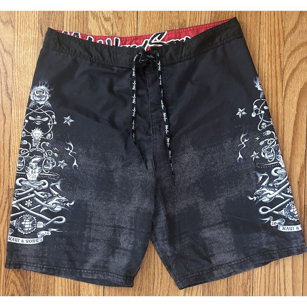 Maui and Sons Board Shorts Black with Nautical Tattoo Print Mens SZ 36